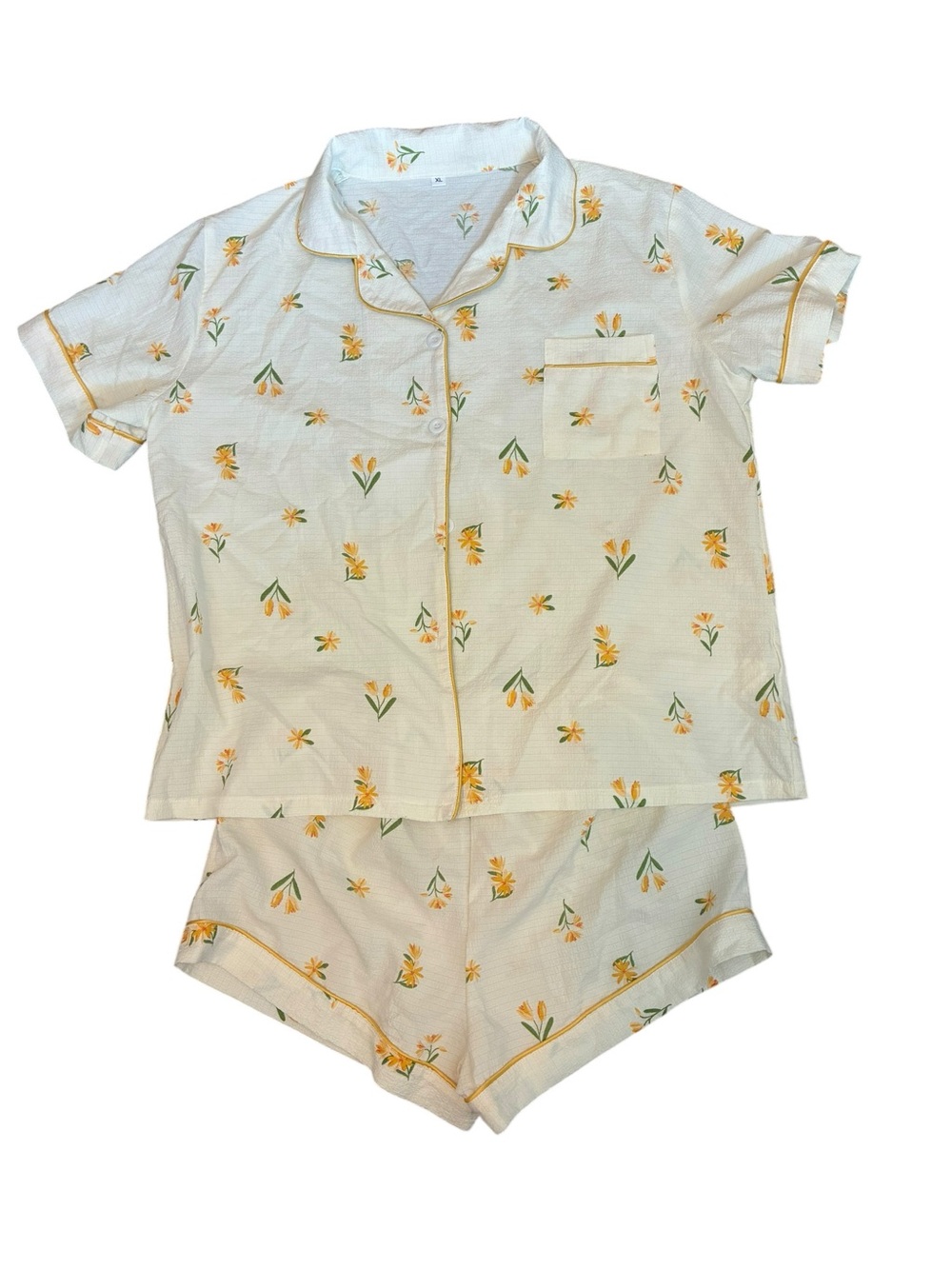 Cream Floral Short Pajama Set - Yellow accent